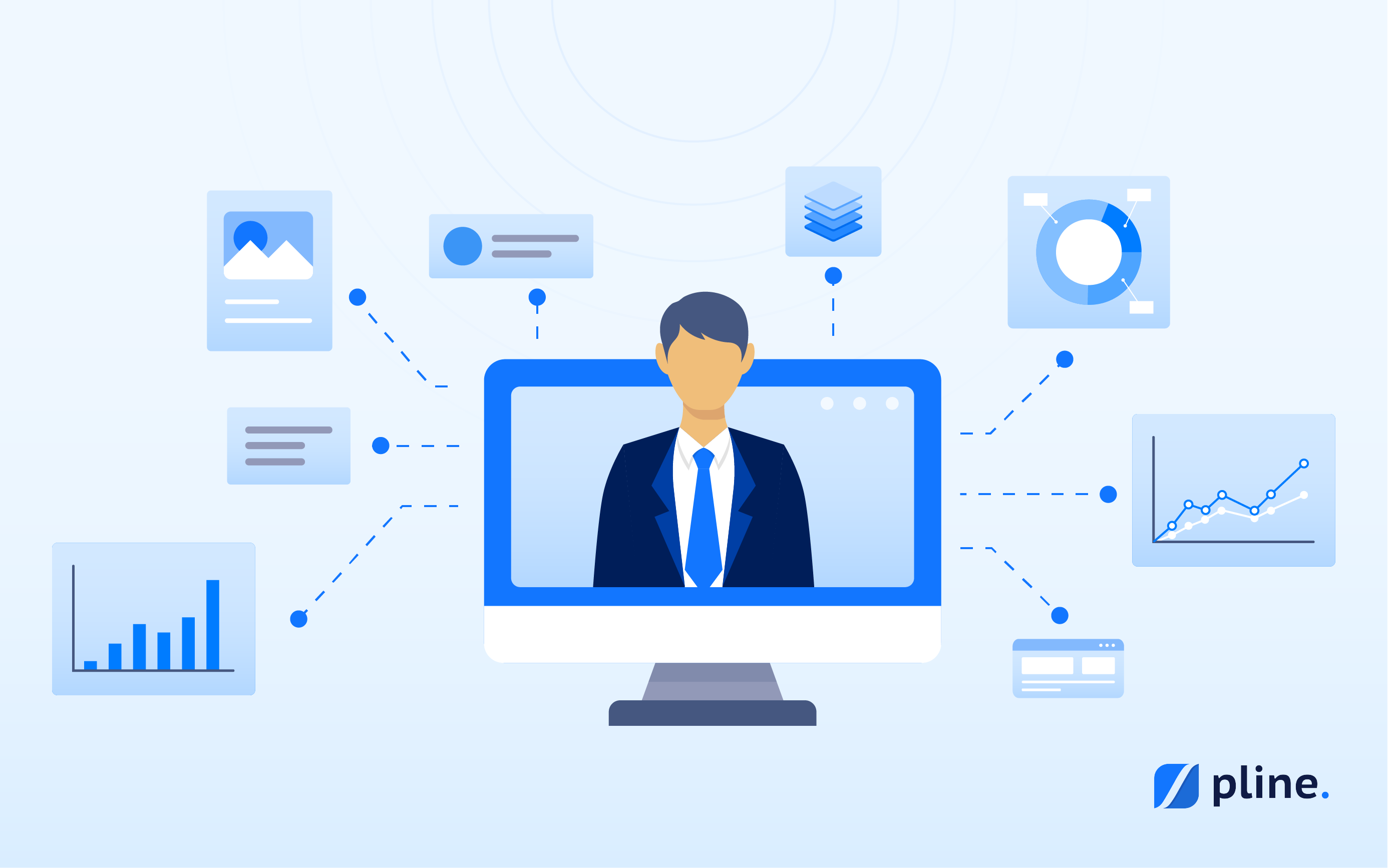 A consultant on a screen connected to various data sources, visualizing insights, analytics, and structured information.