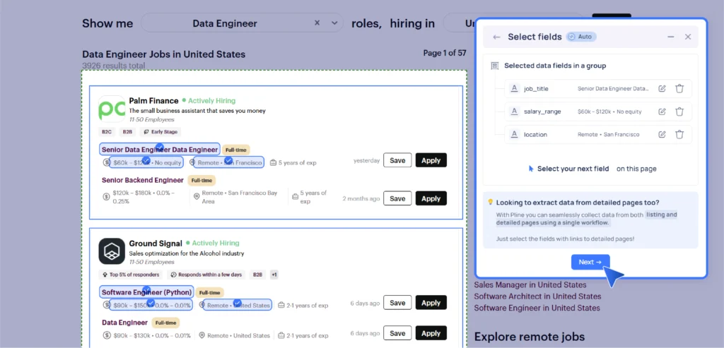 Pline interface showing selected data fields like job title, salary range, and location that is grouped for extraction from a job listings page.
