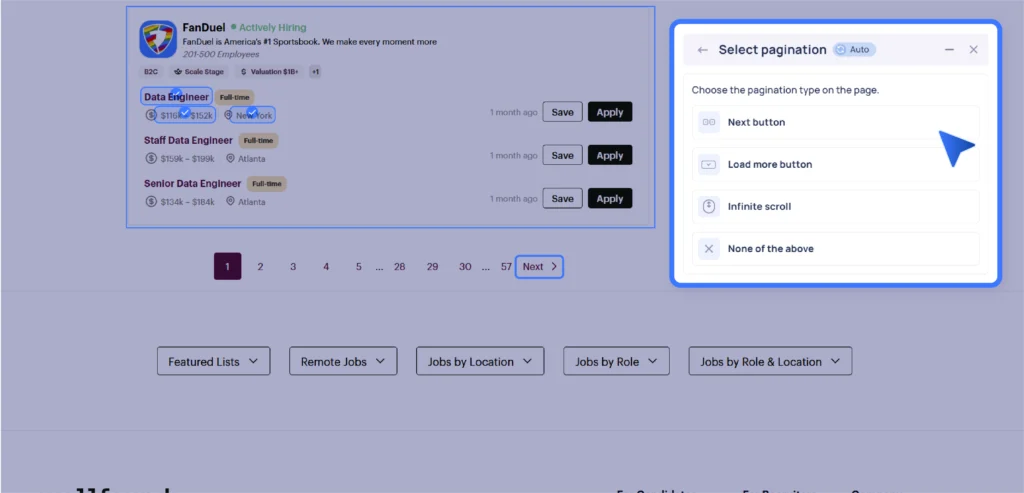 User interface for selecting pagination type during data extraction setup, with options like 'Next button', 'Load more button', 'Infinite scroll', and 'None of the above'.