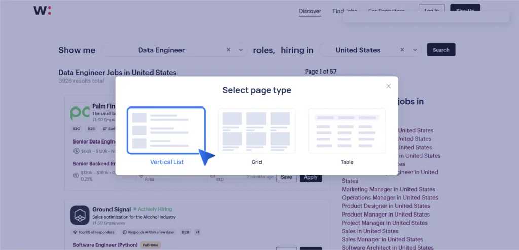 User interface showing selection of 'Vertical List' as the page type for data extraction in a no-code workflow builder.