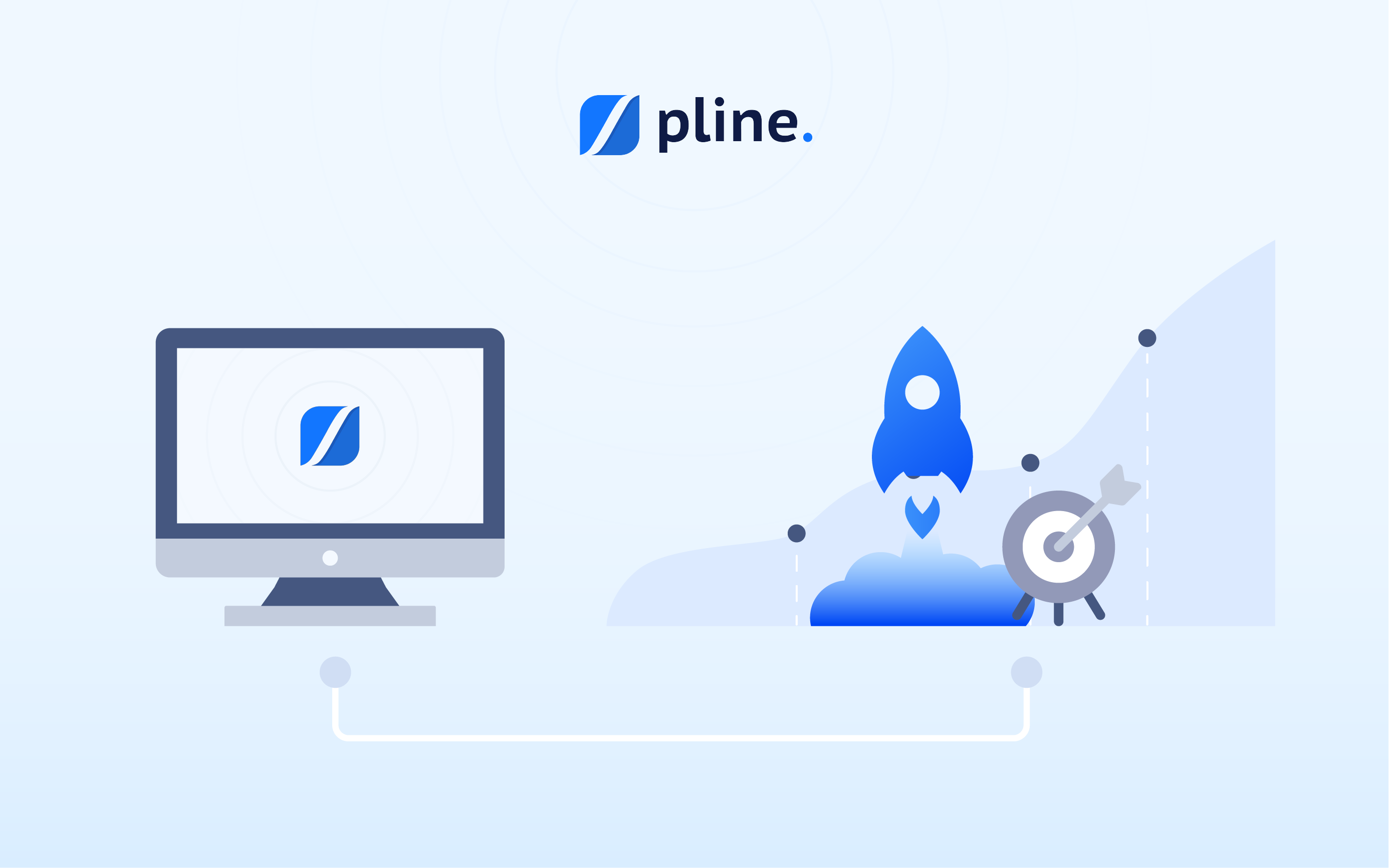 Computer launching rocket toward growth with Pline logo, symbolizing data-powered hustle success.