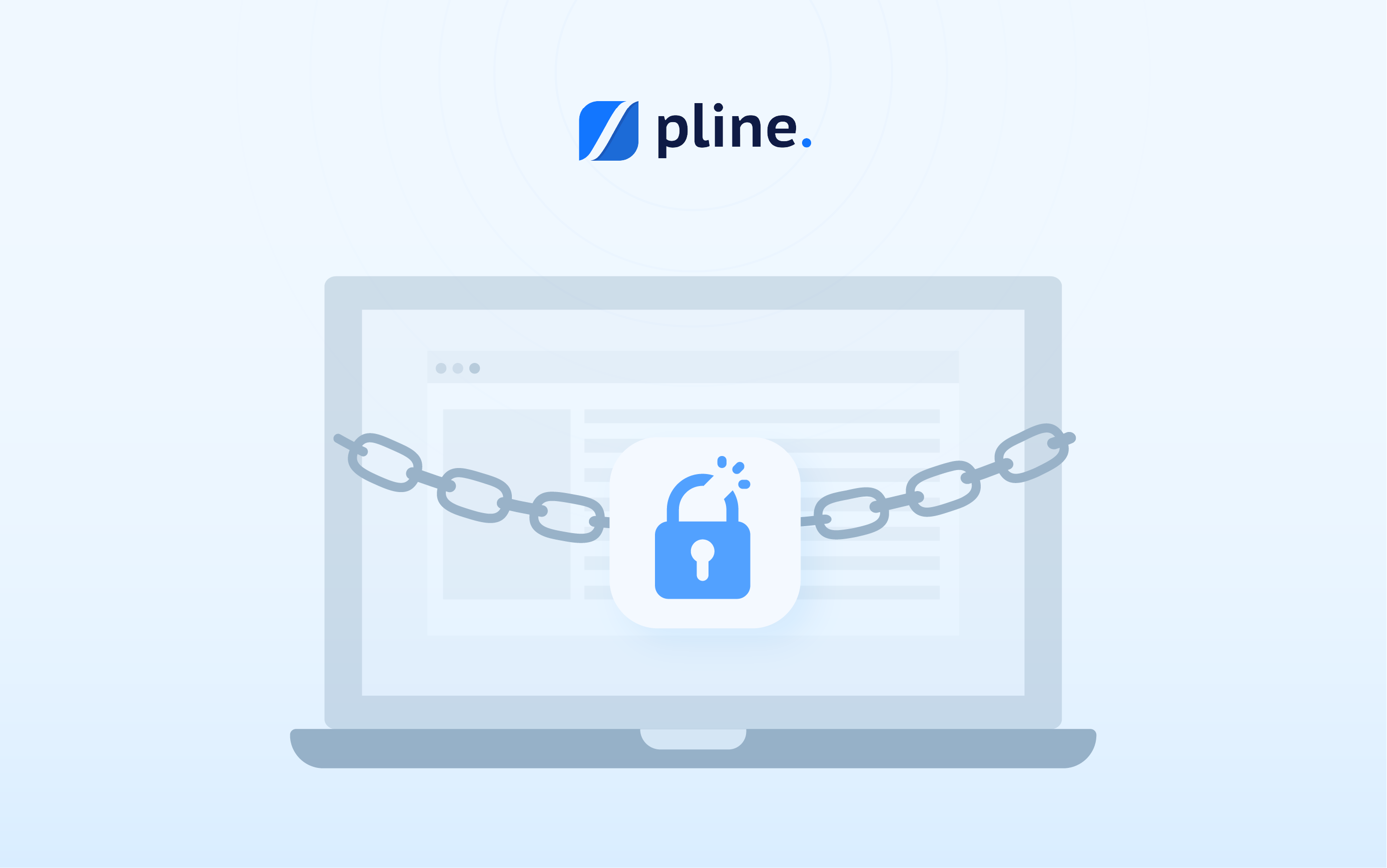 A laptop with a chain across its screen and an unlocked padlock icon in the center. Above the laptop is the 'pline' logo in blue text with a blue icon. The background is light blue, giving a sense of digital security and data protection